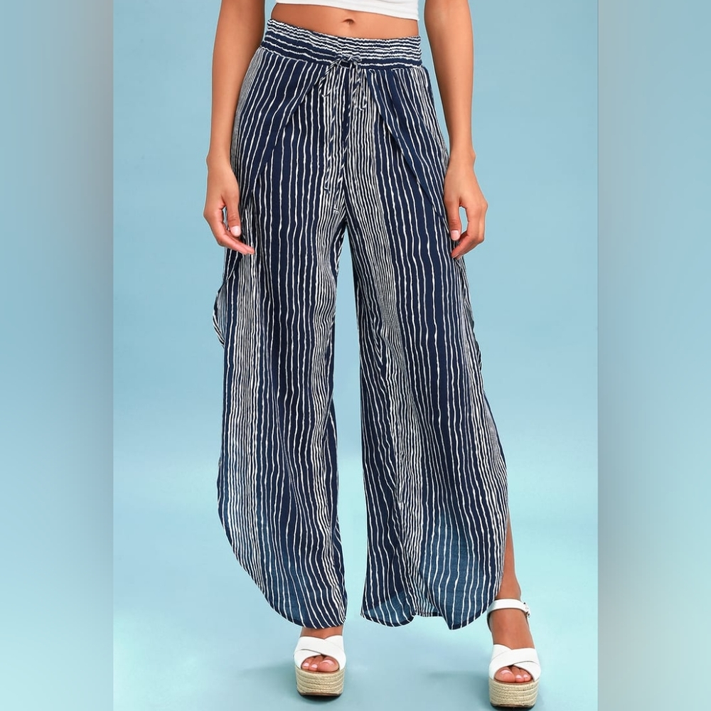 Lucy Love Rayon Pants Scallop Blue White Striped Wide-Leg Pants, Summer pants